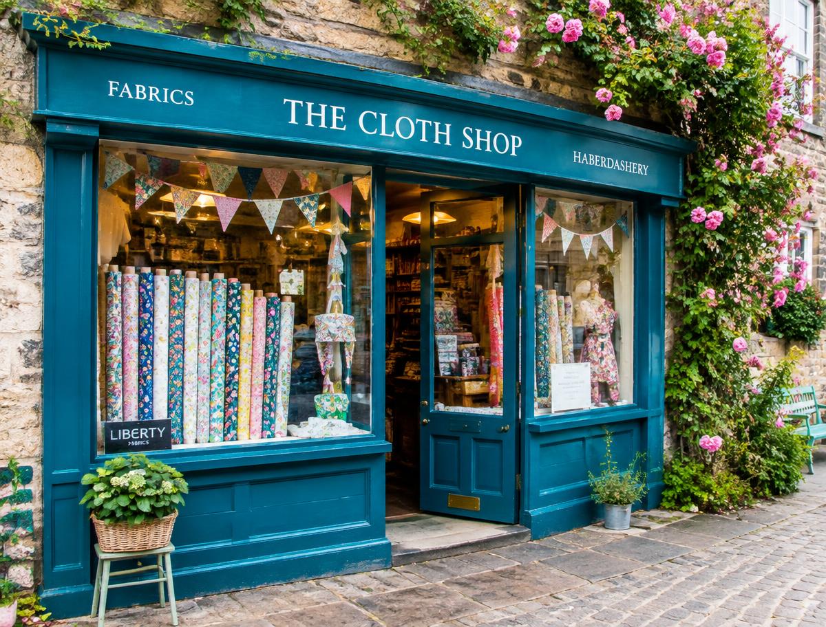 An independent fabric shop with a teal shopfront